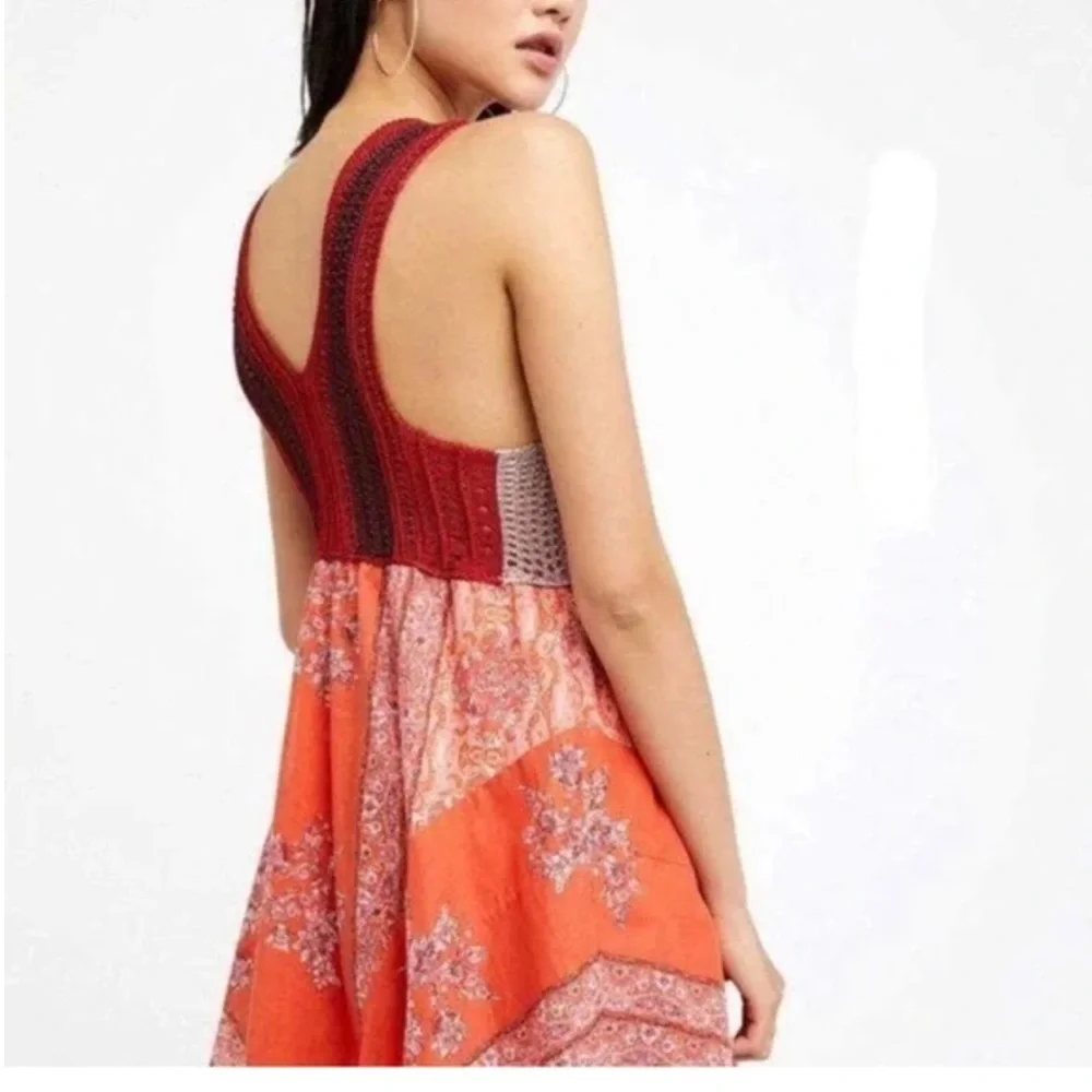 Free People Katie Crochet-Bodice Red and Orange Loral Mini Dress